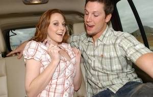 Redhead cutie Scarlett Fay reveals her tits and gives a blowjob in the car on clubgf.com