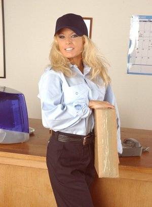Hot blonde makes a delivery to the office and shows her sweet goodies on clubgf.com