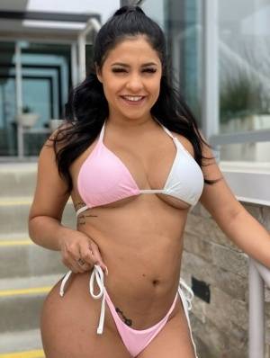 Latina teen Serena Santos models a bikini before an ass licking blowjob on clubgf.com